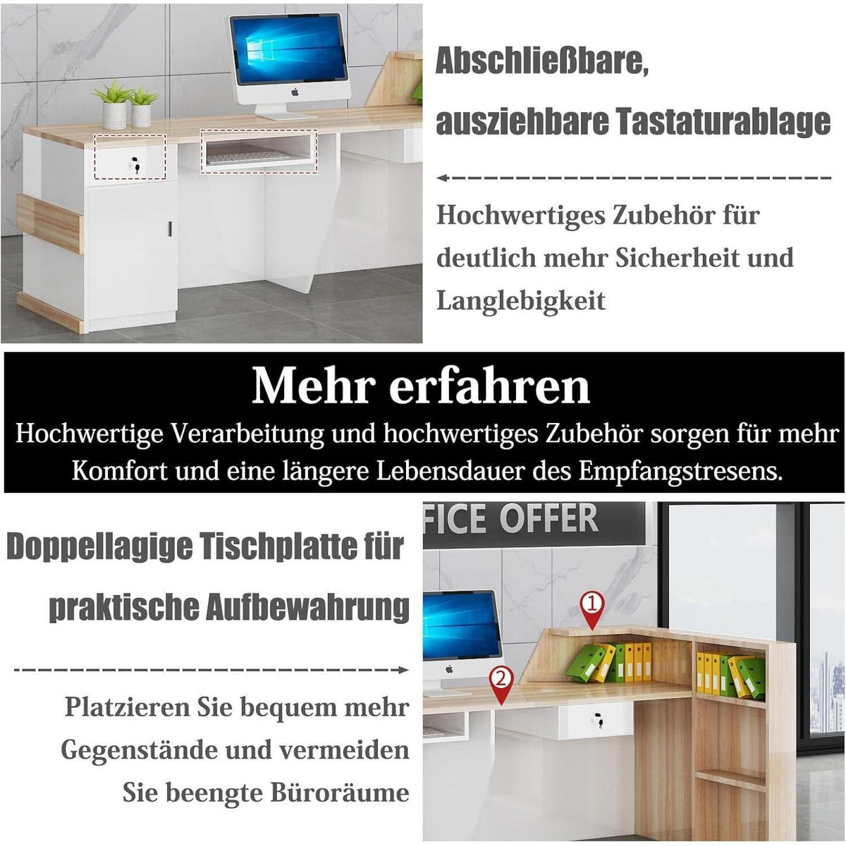 Rezeptionstheke Holz mit Stauraum – 260x60x100cm, Weiß & Schwarz