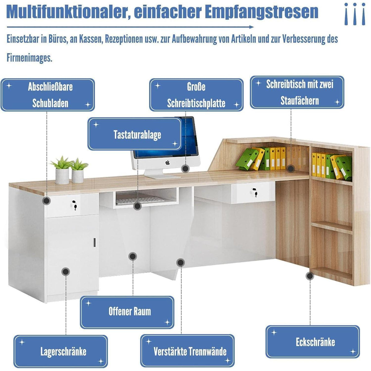 Rezeptionstheke Holz mit Stauraum – 240x60x100cm