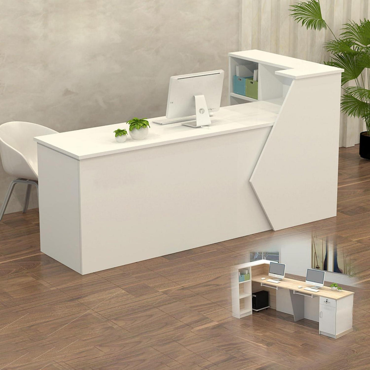 Rezeptionstheke Holz mit Stauraum – 280x60x100cm, Weiß