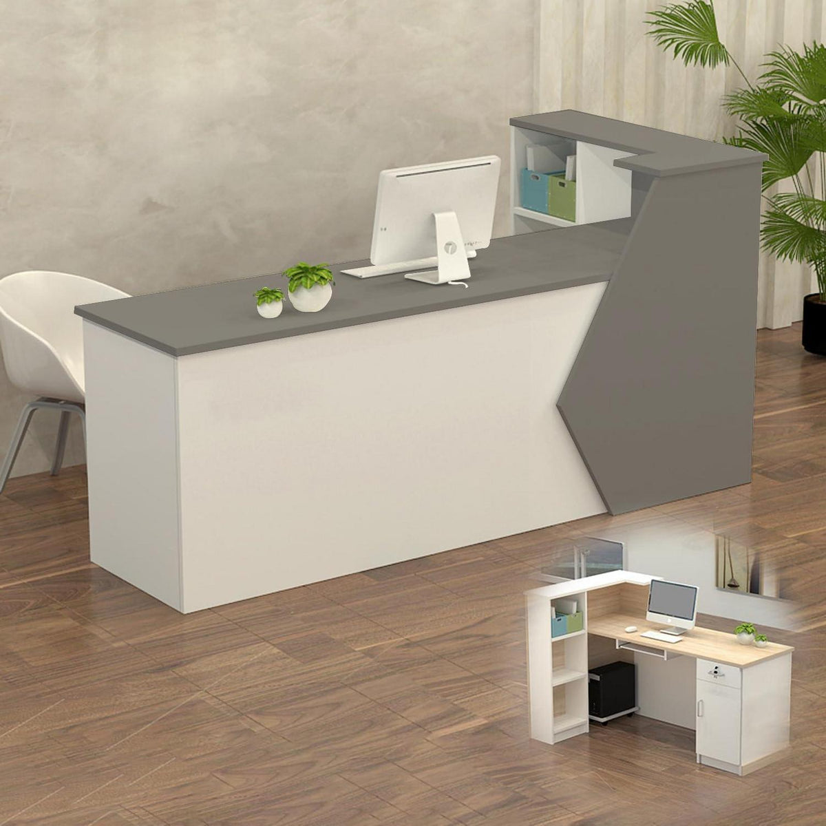 Rezeptionstheke Holz Grau Weiß – 160x60x100cm mit Stauraum