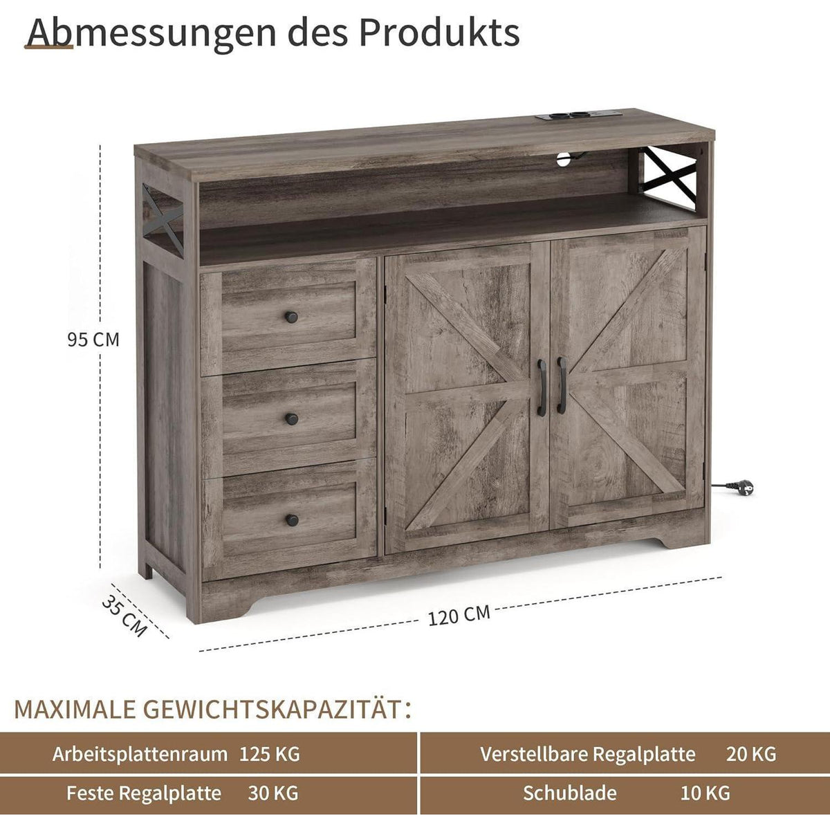 Graues Sideboard mit Schubladen & offener Ablage – 120x35x95cm