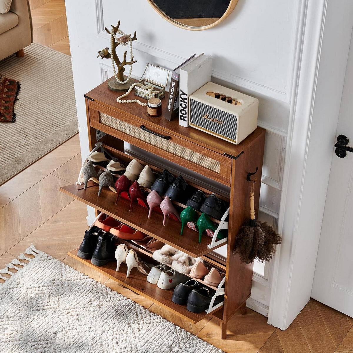 Schuhschrank Schmal Rattan – Boho-Landhausstil & Stauraum