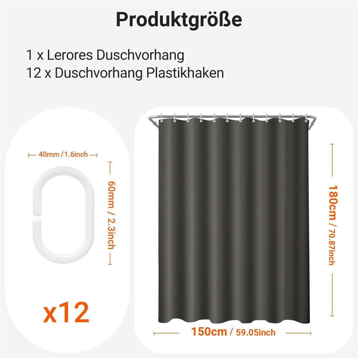 Duschvorhang 150x180 cm Dunkelgrau, Antischimmel & Wasserabweisend