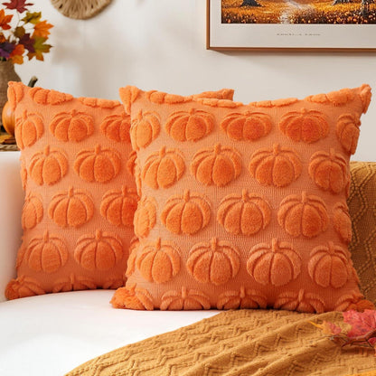 2 Kürbis Kissenbezüge 45x45cm – Herbst Boho Deko Orange