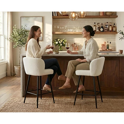 Moderner Barhocker 2er Set mit Kunstfell & Metallfüßen Weiß