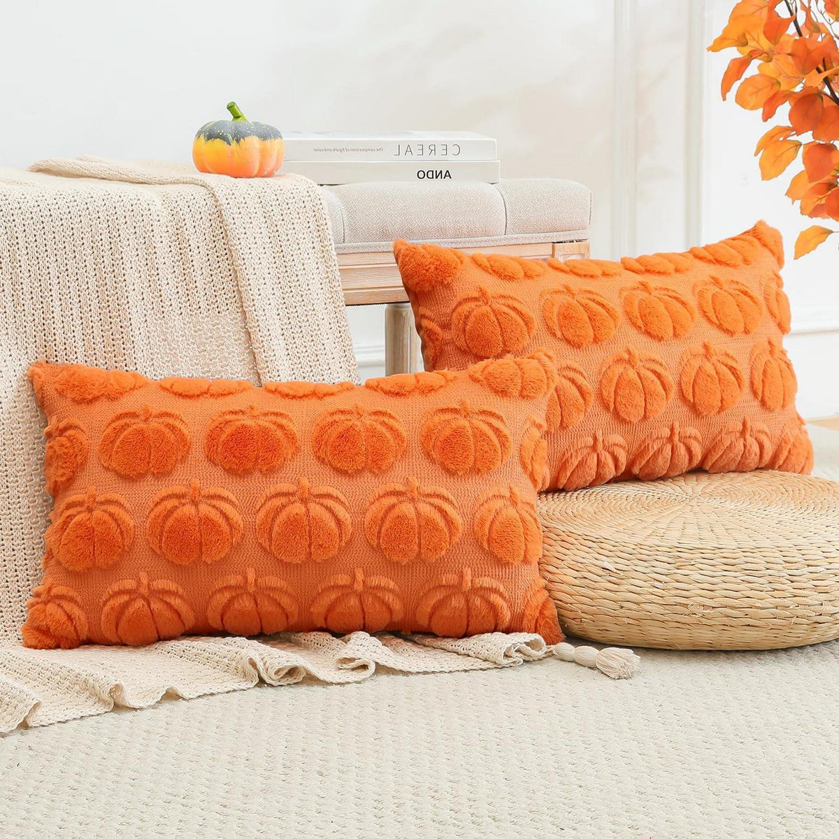 2 Kürbis Kissenbezüge 40x60cm – Herbst Boho Deko Orange