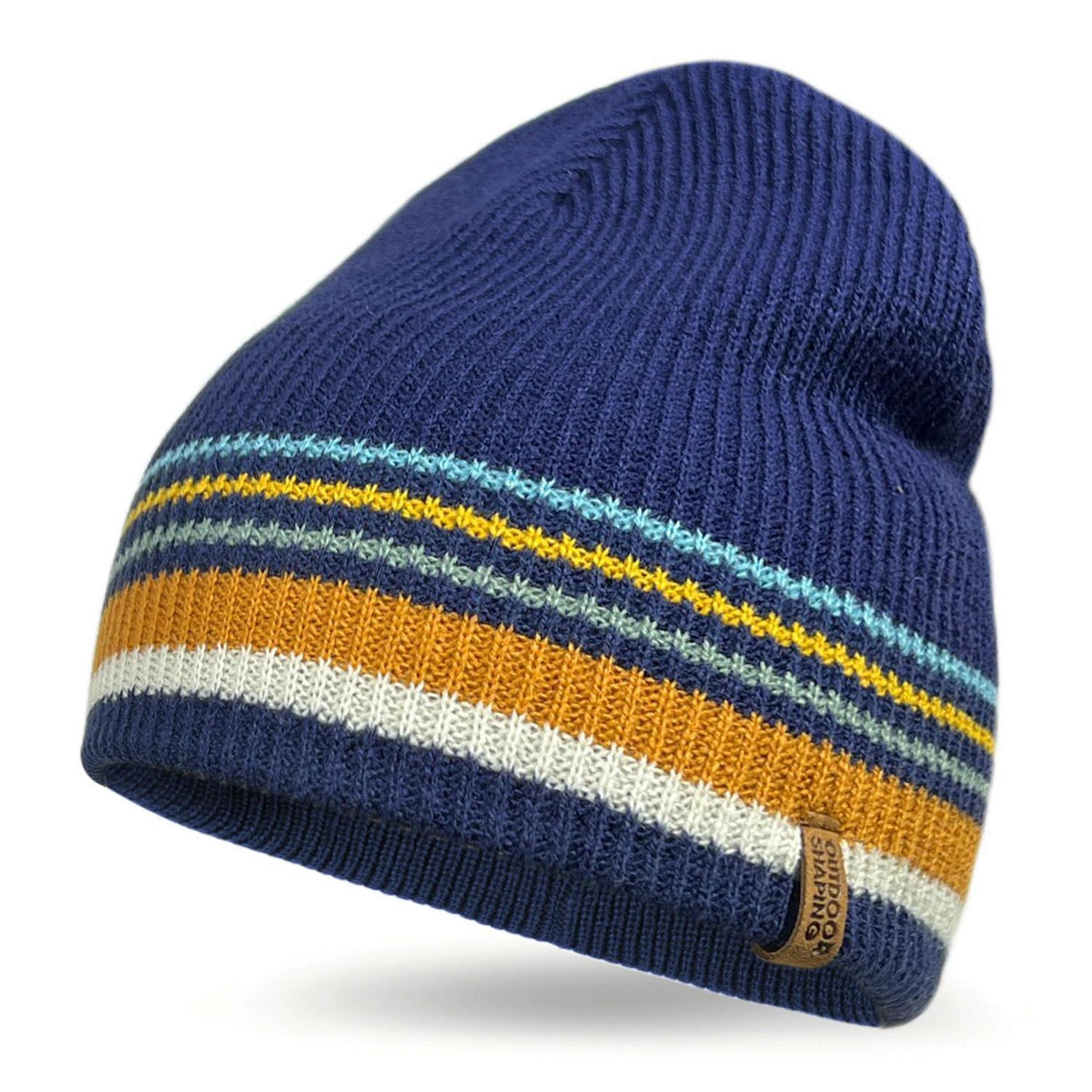 Marineblaue Strickmütze mit Patch – Warm & Bequem in Lederoptik