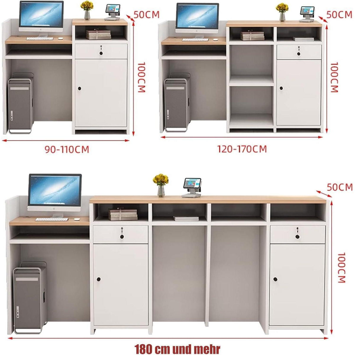 Rezeptionstheke Holz mit Stauraum – 180 cm, Weiß