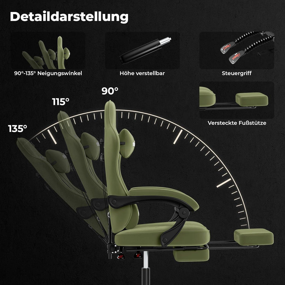 Ergonomischer Gaming Stuhl mit Fußstütze und Lendenkissen, Grün