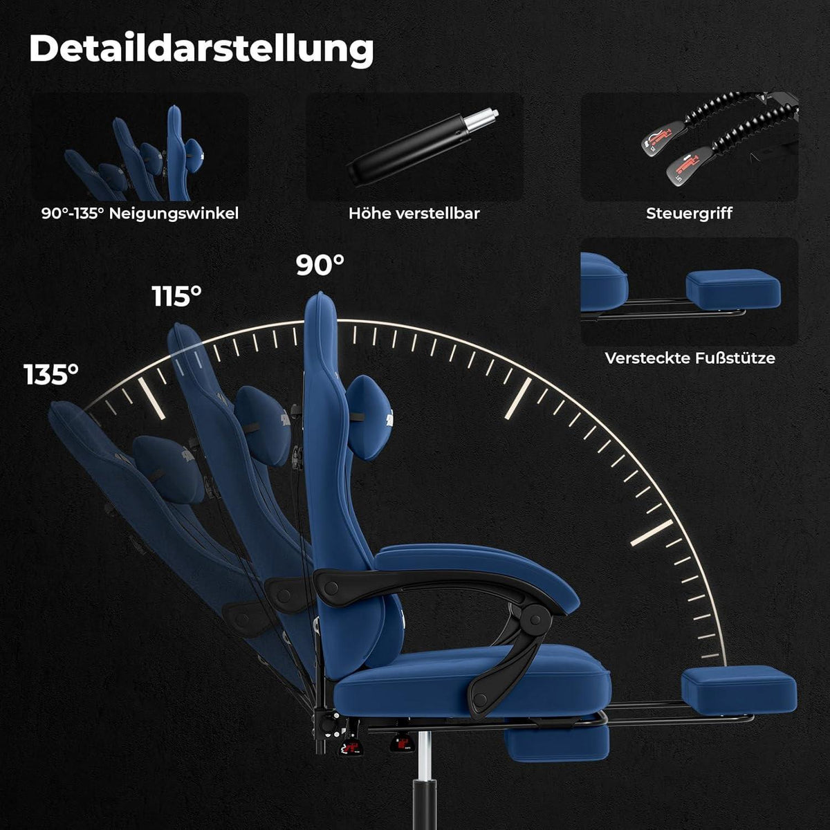 Ergonomischer Gaming Stuhl mit Fußstütze und Lendenkissen, Blau