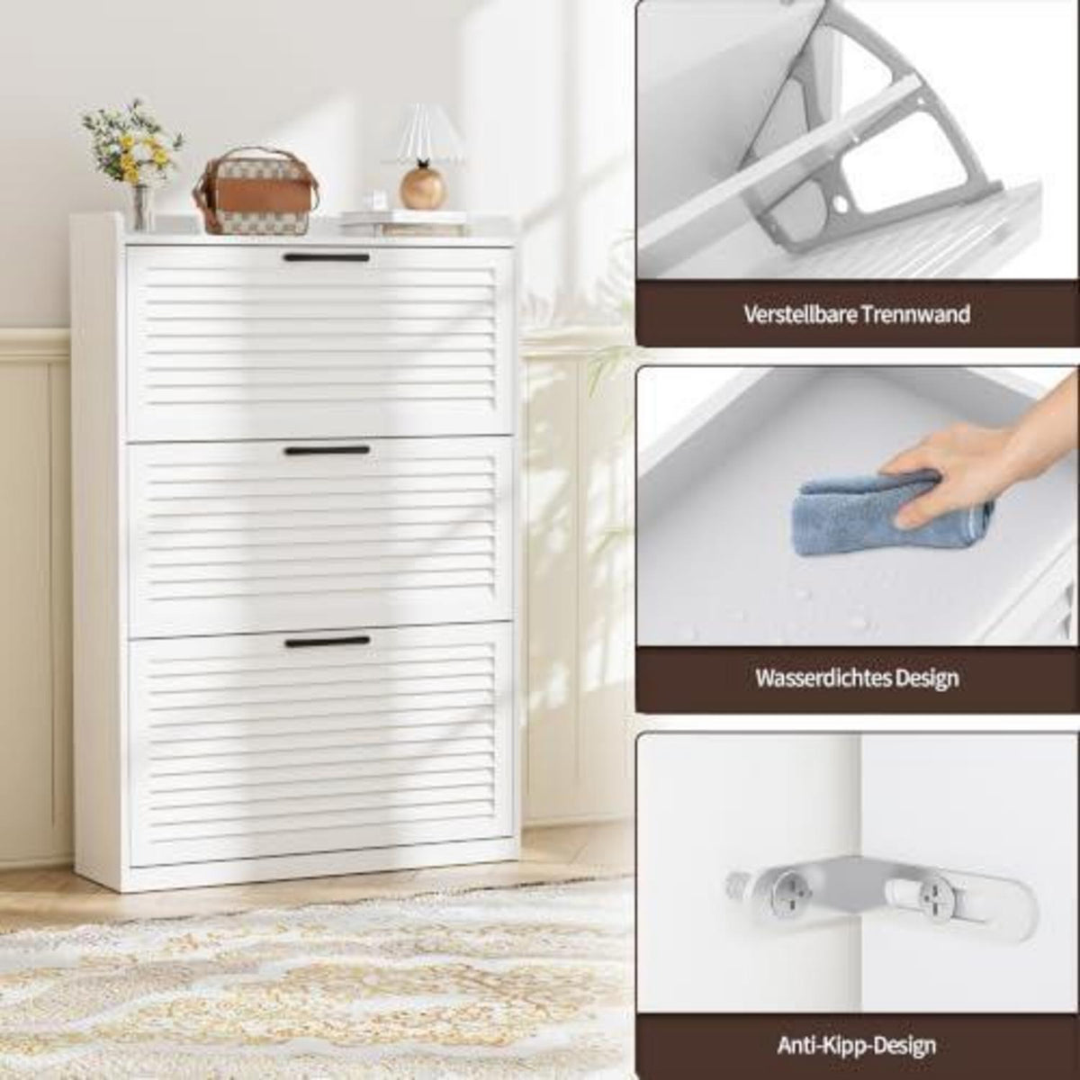 Schmaler Schuhschrank mit Lamellentür – Weiß, 80x24x120 cm
