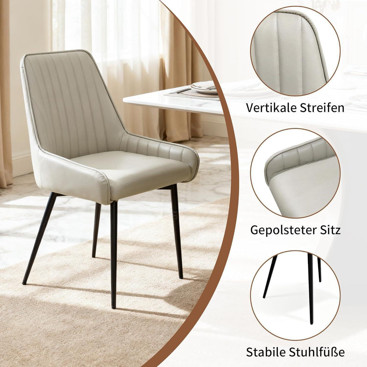 6 Esszimmerstühle Taupe, mit Armlehnen & Metallbeinen in Lederoptik