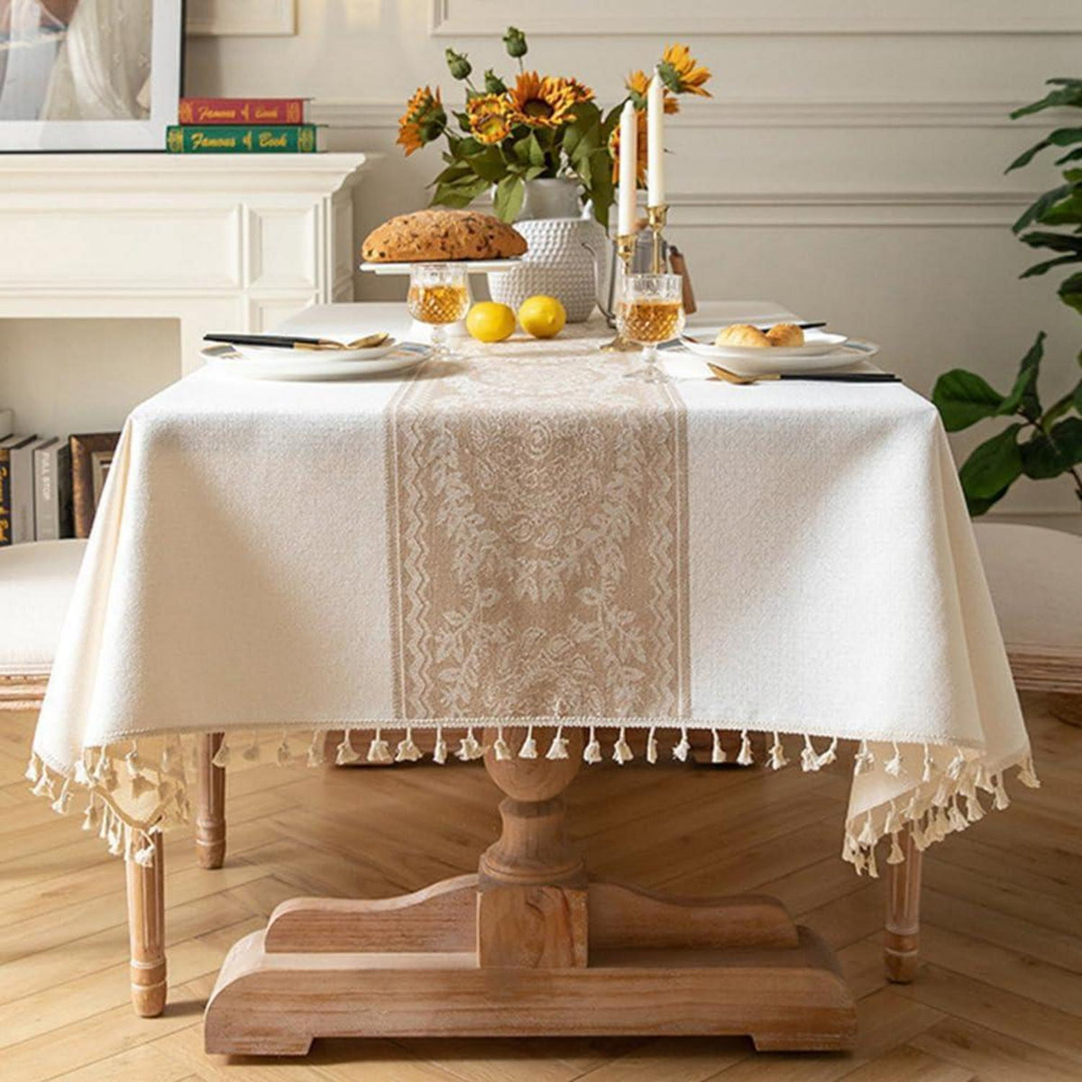 Baumwoll-Leinen Tischdecke Rechteckig mit Quasten (Weiß, 140x300 cm)