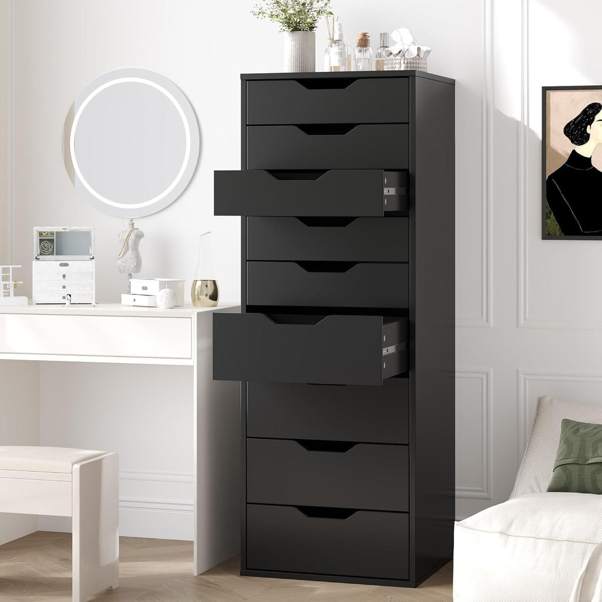 Schmale Kommode mit 9 Schubladen, Schwarz, 45x40x124 cm