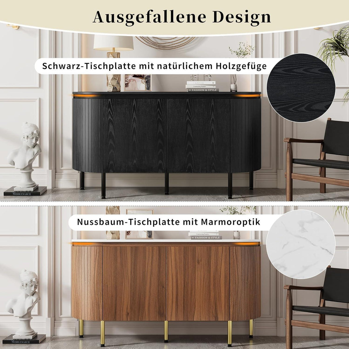 Moderner Kommode 145cm mit Bogen & verstellbaren Regalböden Schwarz