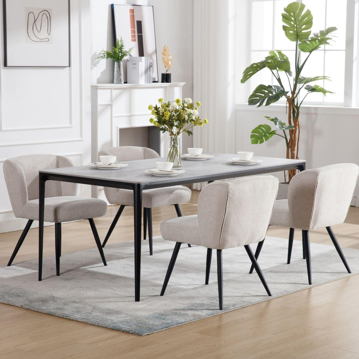 Moderner Esszimmerstuhl 2er Set, Oatmeal Leinen Polsterstuhl