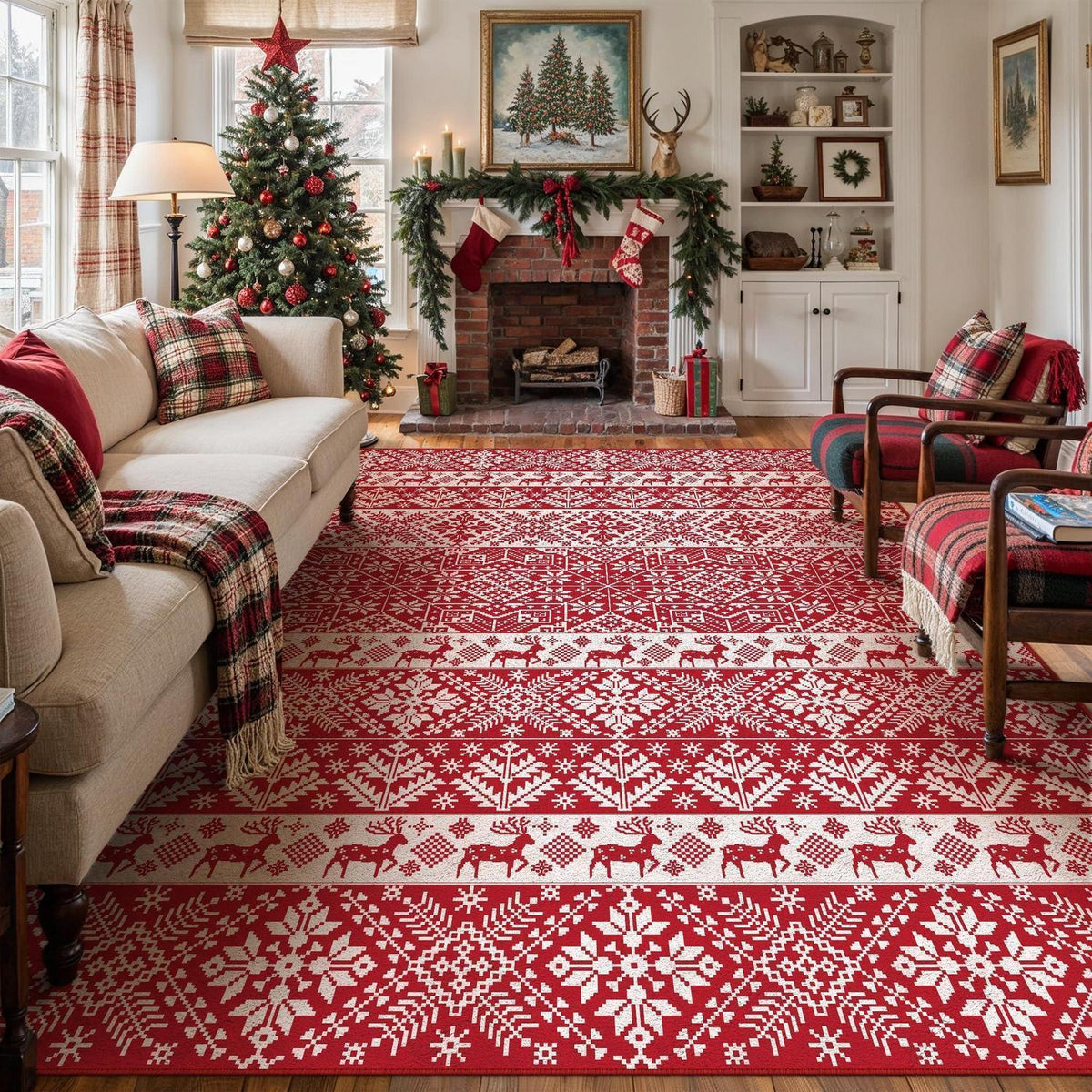 Weihnachts Teppich 240x300 cm – Roter Kurzflor Wohnzimmerteppich