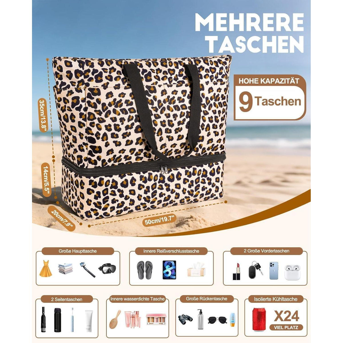 XXL Strandtasche Familie mit Kühltasche & Reißverschluss
