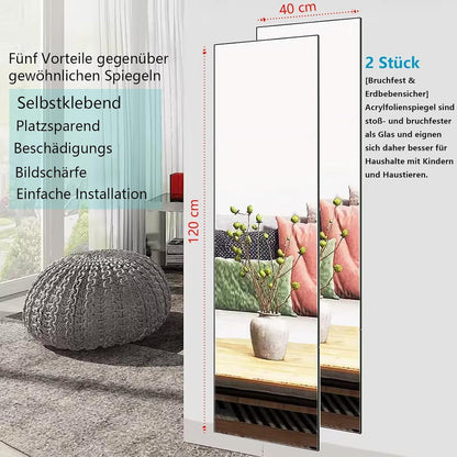 Selbstklebende Wandspiegel 40x120cm (2er Set) – Ganzkörper Spiegel