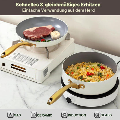 Keramik Kochset 14-teilig – Antihaft, Induktionsgeeignet, Beige/Weiß Gold