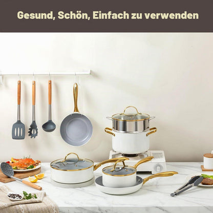 Keramik Kochset 14-teilig – Antihaft, Induktionsgeeignet, Beige/Weiß Gold