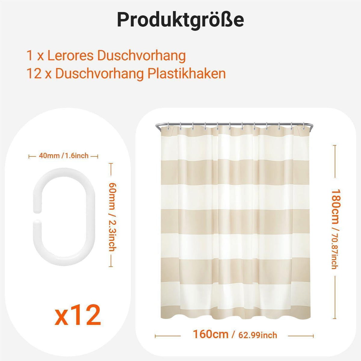 Duschvorhang Beige Streifen 160x180 cm Textil Wasserabweisend Beschwert