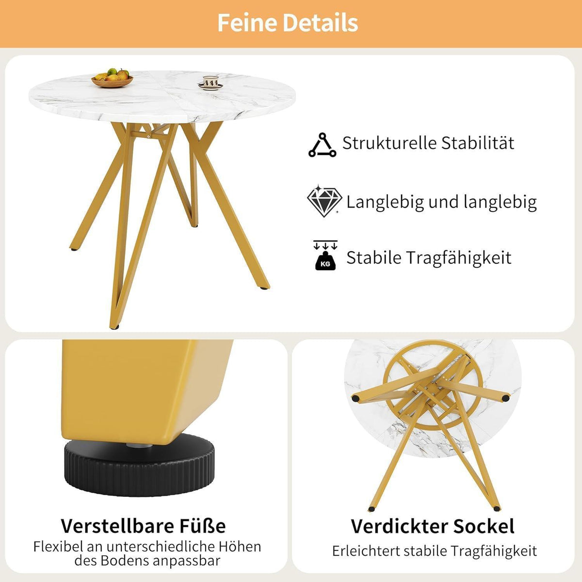 Runde Essgruppe für 4 Personen | Weißer Tisch mit 4 Grau Leinen Stühlen