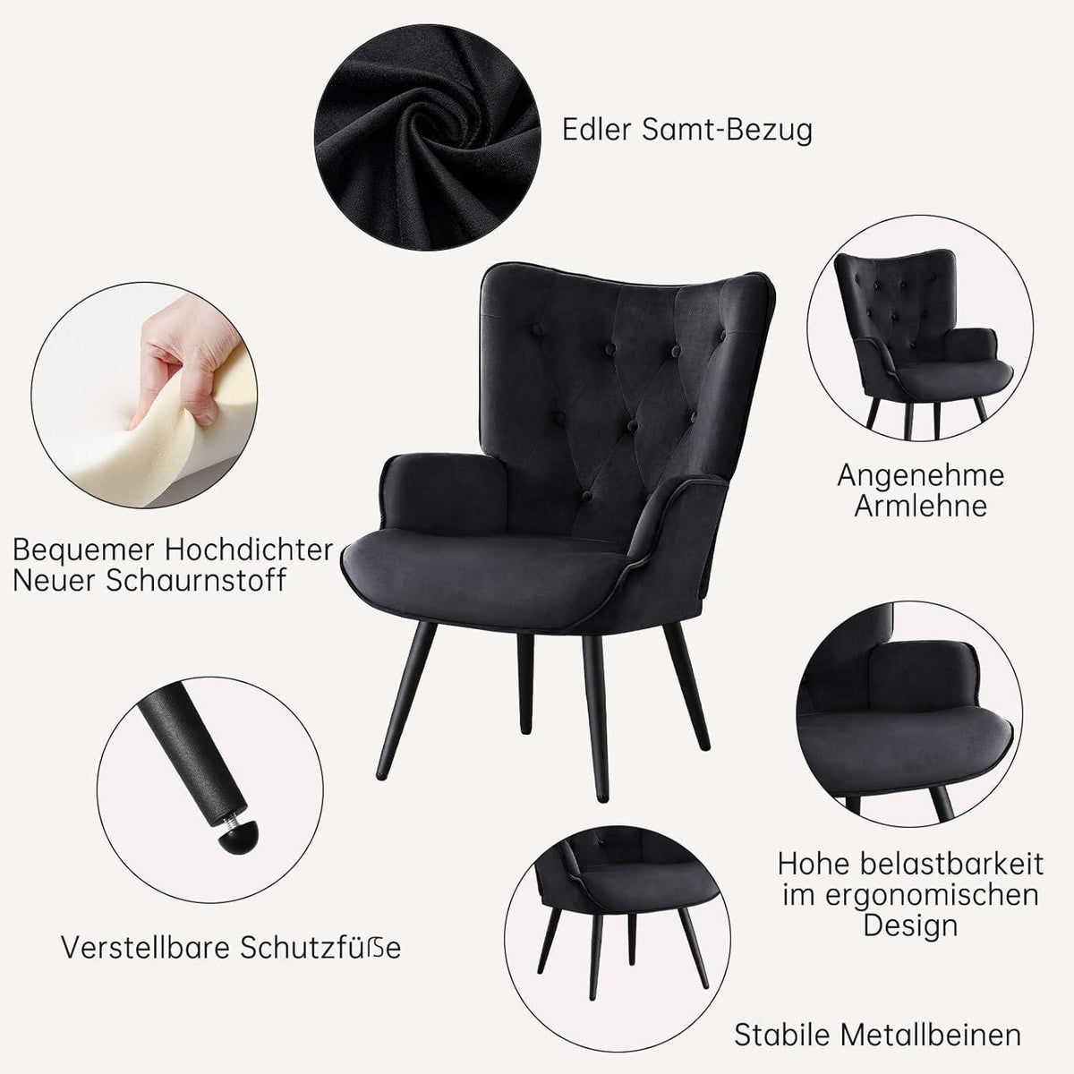 Ohrensessel Samt Schwarz – Skandinavischer Relaxsessel für Wohnzimmer