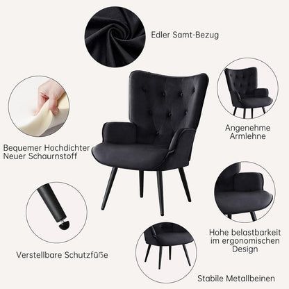 Ohrensessel Samt Schwarz – Skandinavischer Relaxsessel für Wohnzimmer