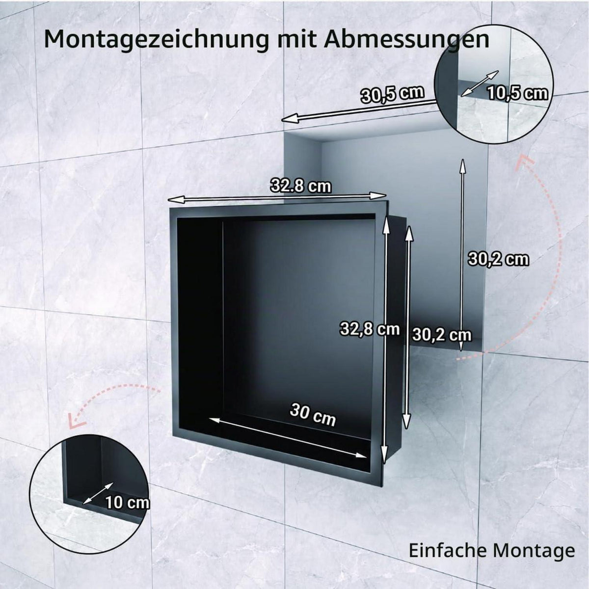 Wandmontierter Duschschrank Schwarz 30x30cm Edelstahl Duschablage