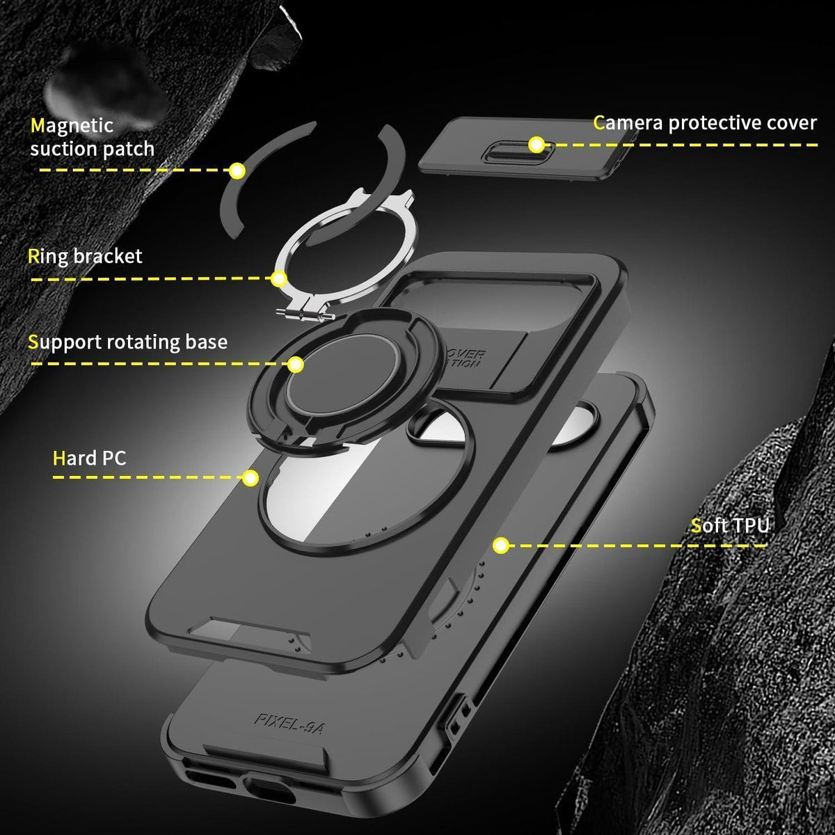 Google Pixel 9 Pro XL Hülle mit Ring Ständer & Kameraschutz, Schwarz