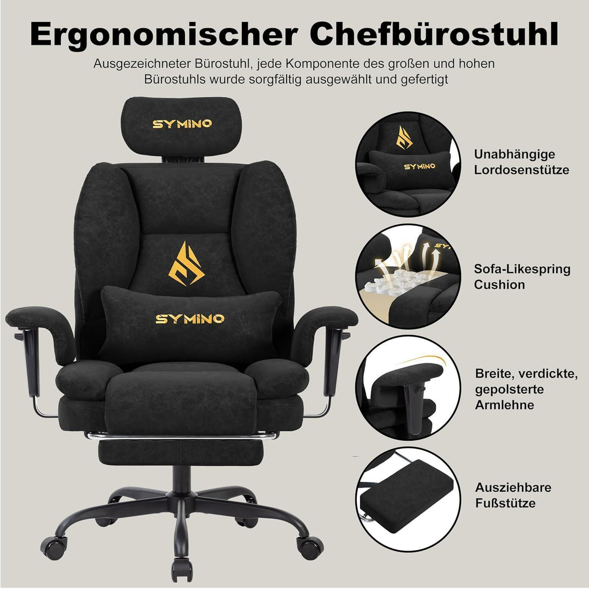 Gaming Stuhl mit Fußstütze, Ergonomisch, Schwarz in Lederoptik