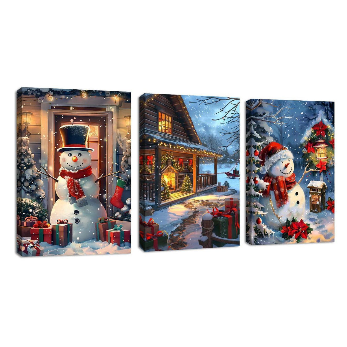FajerminArt 3Pcs Leinwandbilder Winter Schnee Szene mit Rahmen 40x60cmx3 Rot Schneemann Hütten Beleuchtung Nachtlandschaft Wandkunst Deko Wohnzimmer