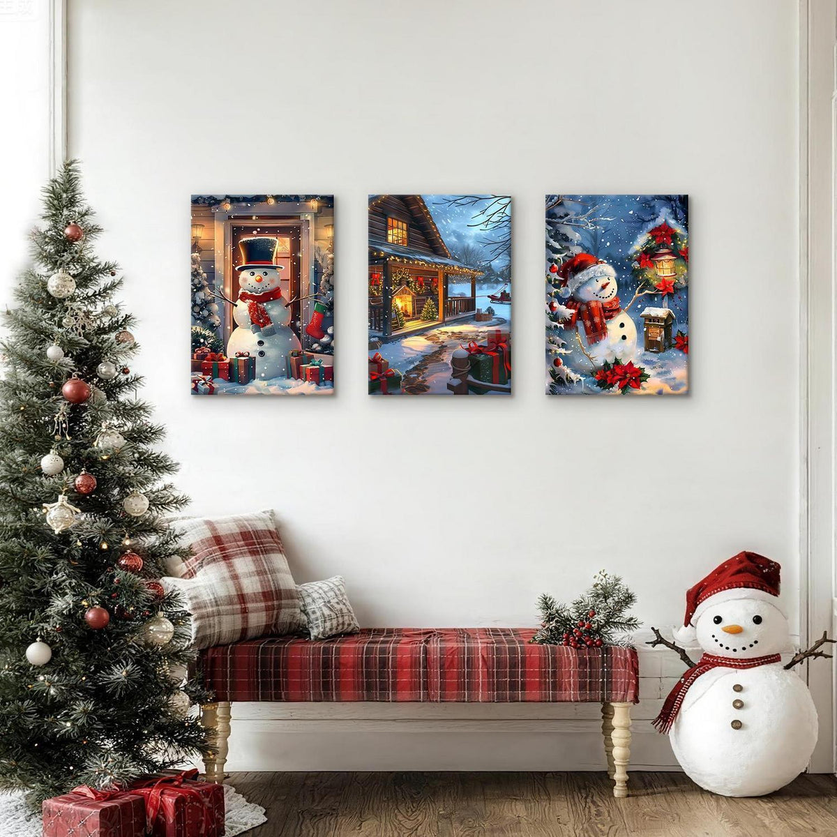 FajerminArt 3Pcs Leinwandbilder Winter Schnee Szene mit Rahmen 40x60cmx3 Rot Schneemann Hütten Beleuchtung Nachtlandschaft Wandkunst Deko Wohnzimmer