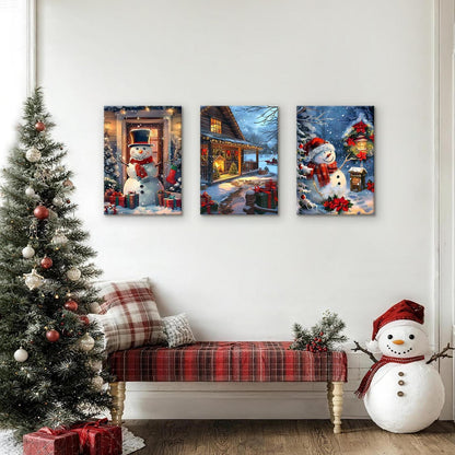 FajerminArt 3Pcs Leinwandbilder Winter Schnee Szene mit Rahmen 40x60cmx3 Rot Schneemann Hütten Beleuchtung Nachtlandschaft Wandkunst Deko Wohnzimmer