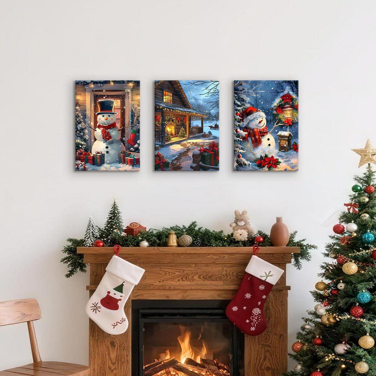 FajerminArt 3Pcs Leinwandbilder Winter Schnee Szene mit Rahmen 40x60cmx3 Rot Schneemann Hütten Beleuchtung Nachtlandschaft Wandkunst Deko Wohnzimmer