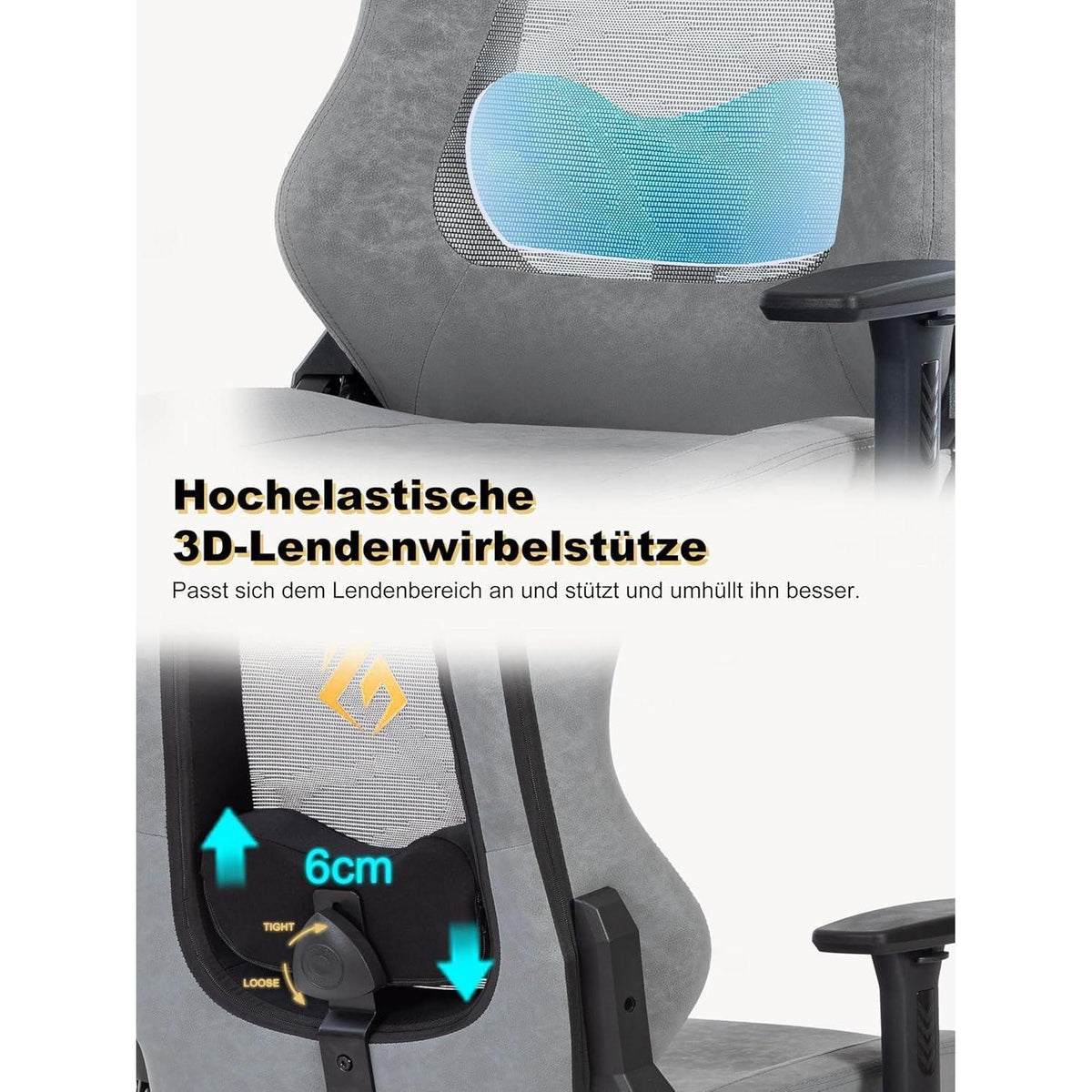 Gaming Stuhl mit atmungsaktiver Rückenlehne & 3D-Lendenstütze, Grau