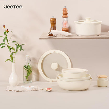 19-teiliges Topfset mit abnehmbaren Griffen – Beige