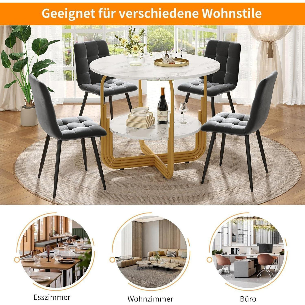 Runder Esstisch Weiß 80x80cm | Marmor Optik & Stauraum