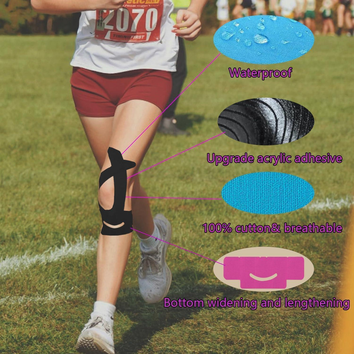 Vorgeschnittenes Kinesiotape für Knie – 12 Stück für Schmerzlinderung