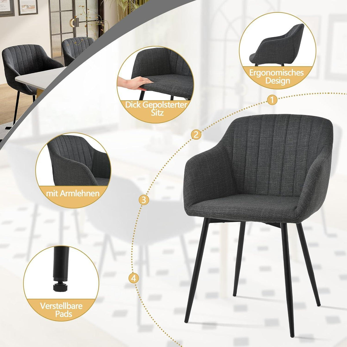 Esszimmerstühle 4er Set mit Armlehne, Schwarzgrau