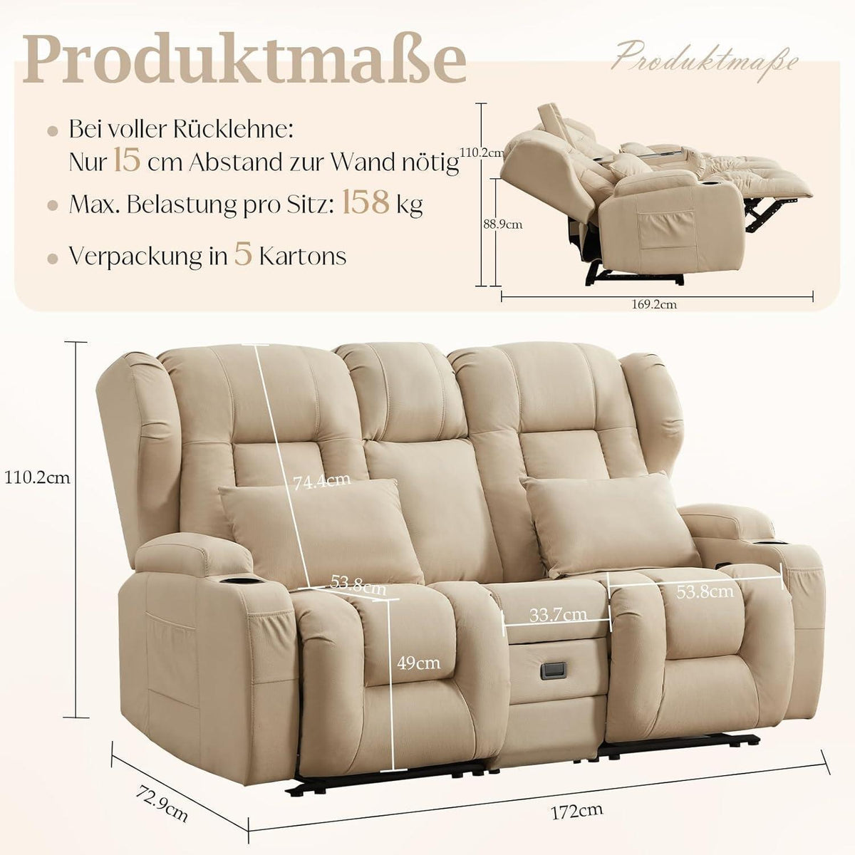 2-Sitzer Relaxsessel mit Liegefunktion & Kinosofa Beige