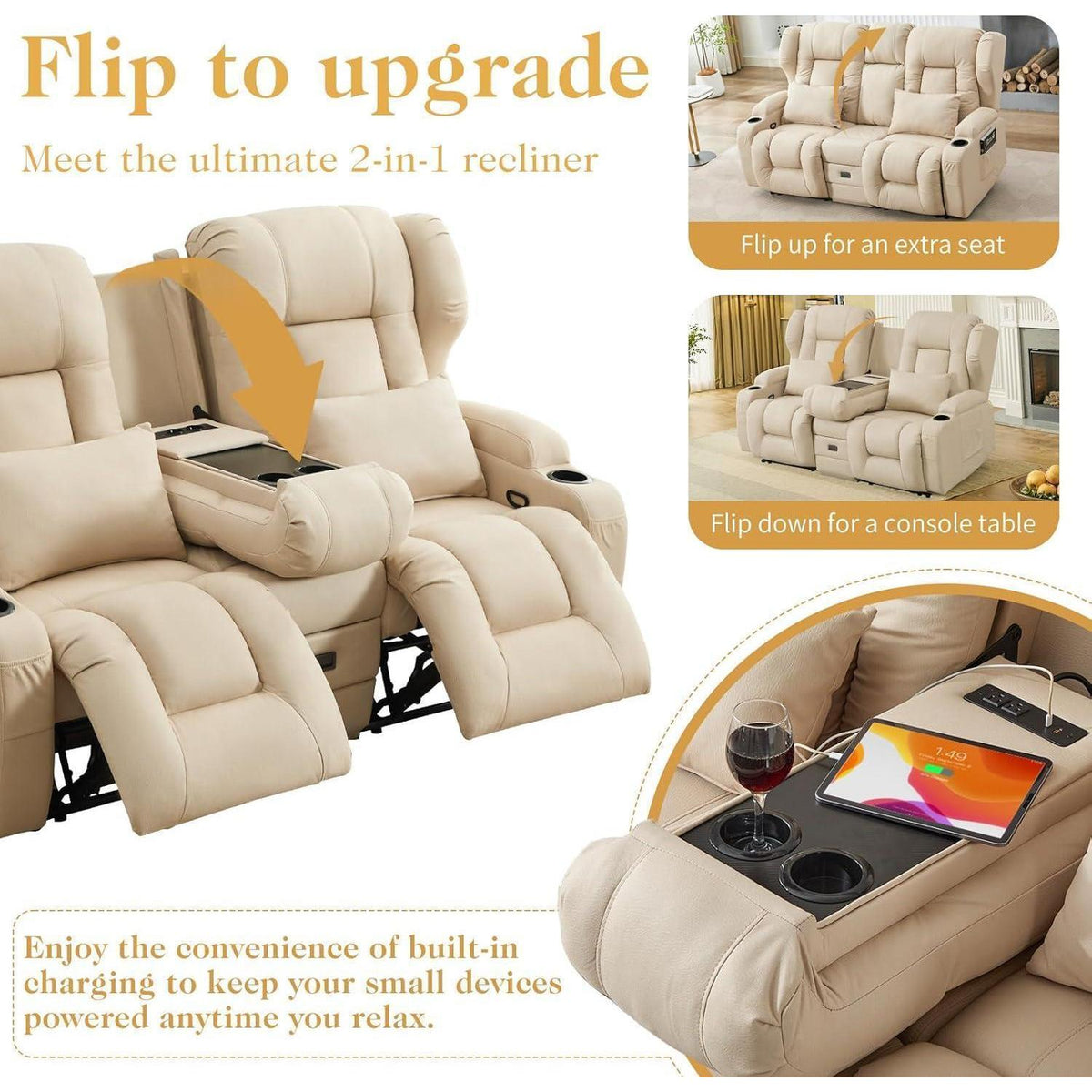 2-Sitzer Relaxsessel mit Liegefunktion & Kinosofa Beige