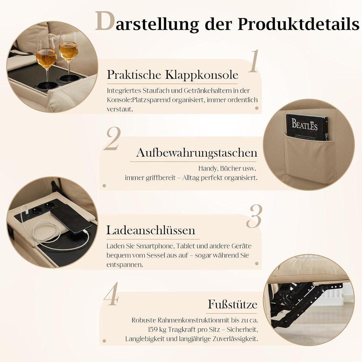2-Sitzer Relaxsessel mit Liegefunktion & Kinosofa Beige