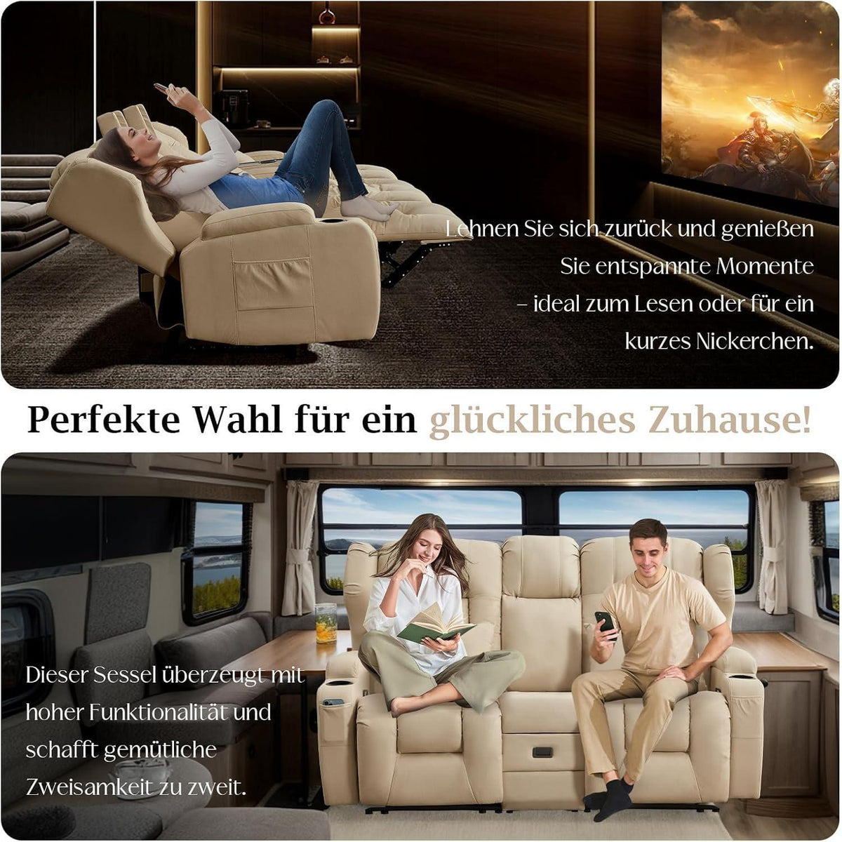 2-Sitzer Relaxsessel mit Liegefunktion & Kinosofa Beige