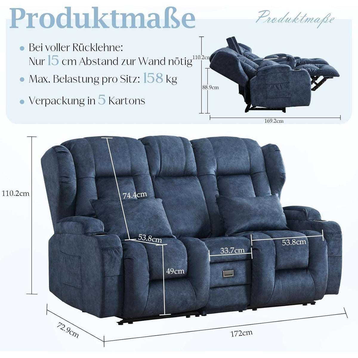 2-Sitzer Relaxsessel mit Liegefunktion & Kinosofa Blau