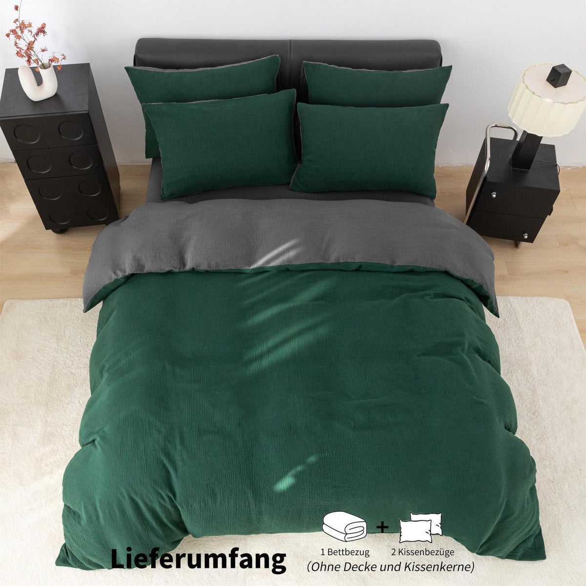 Doppelte Muslin Bettwäsche Dunkelgrün Grau 155x220 cm