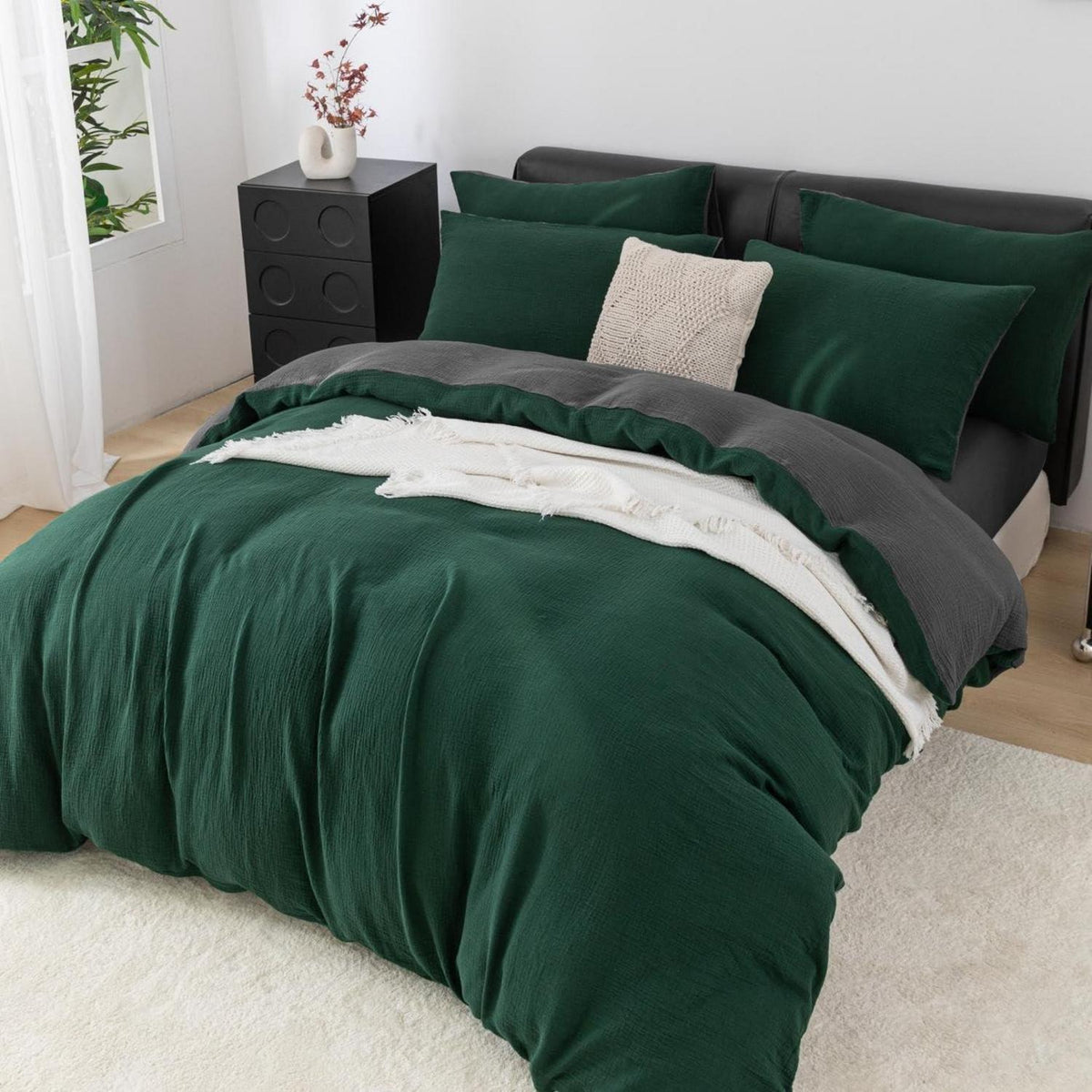 Doppelte Muslin Bettwäsche 200x220 Dunkelgrün Grau – 3-teilig