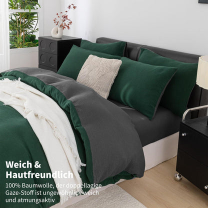 Doppelte Muslin Bettwäsche 200x220 Dunkelgrün Grau – 3-teilig