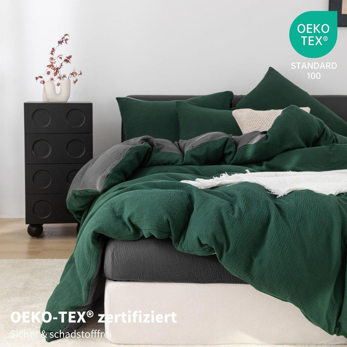 Doppelte Muslin Bettwäsche 200x220 Dunkelgrün Grau – 3-teilig